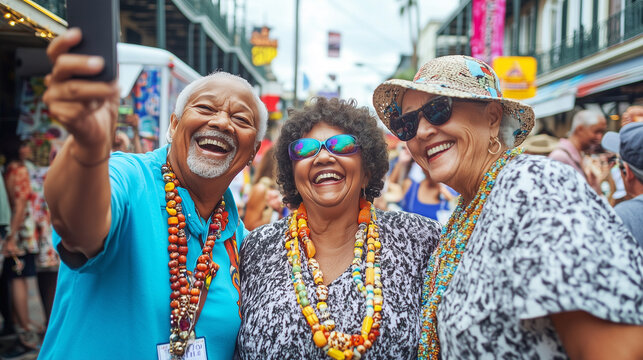 Lively Senior Friends Taking a Selfie at a Festive Outdoor Mardi Gras Street Event, Laughing and Celebrating Friendship. Image made using Generative AI