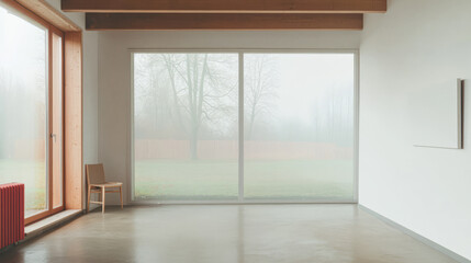 Minimalist interior design with large windows overlooking a foggy landscape during daytime