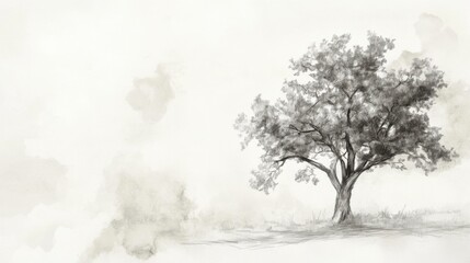 Lone tree in snowy winter fog, monochrome landscape portraying solitude, silence, and seasonal transformation