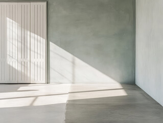 Soft morning light casts shadows in a minimalist interior space with muted colors