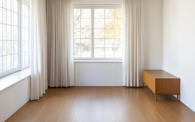 Modern minimalist living room with natural light and wooden furniture design elements