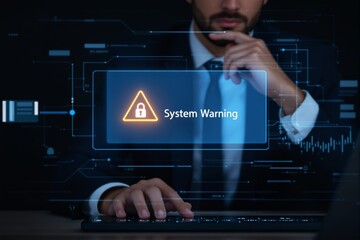Cybersecurity warning interface with businessman in dark background.