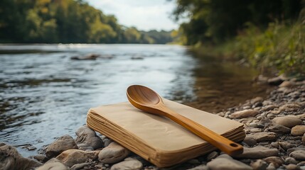 A wooden spoon with a cookbook on the shore of a calm river