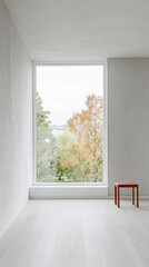 Fototapeta premium Modern minimalist interior with large window showcasing autumn foliage in the distance