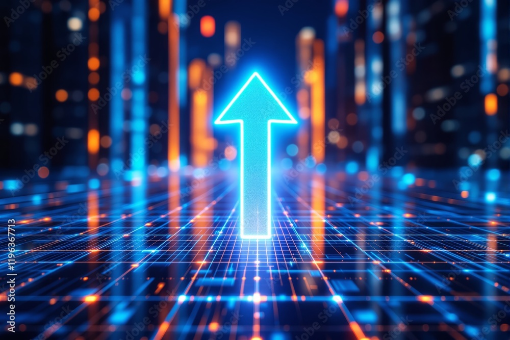 Poster neon arrow pointing upward in futuristic digital cityscape background, symbolizing growth and progre