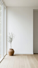 Minimalist interior design featuring a simple potted plant by large windows in a serene room