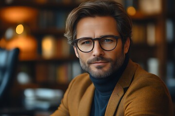 Obraz premium Portrait of a handsome man with glasses in a library.