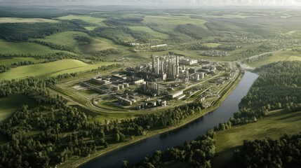 Aerial view of an industrial complex surrounded by lush landscapes and a river.