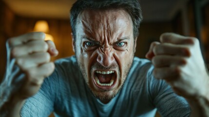 Man with aggressive expression and clenched fists. Perfect for anger management, rage, or emotional stress content.