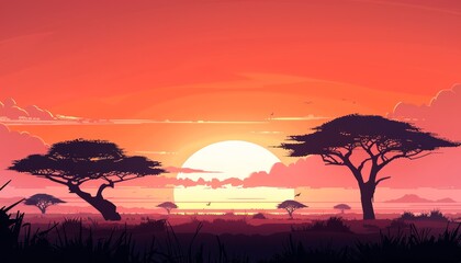 Obraz premium A vibrant sunset over the African savanna with silhouettes of acacia trees.