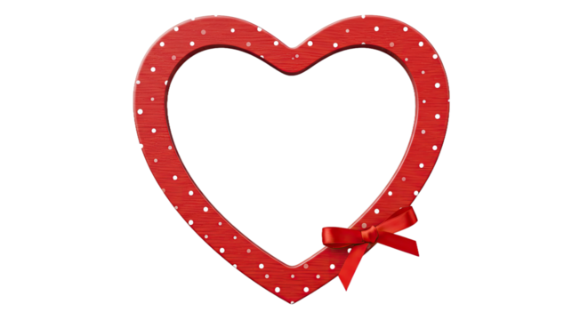 A heart-shaped frame crafted from polished wood with a natural grain pattern. Paint the border with tiny white polka dots.