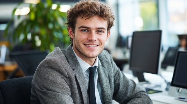 Young businessman smiling at modern office. Ideal for professional success, workplace happiness, or career achievement content.