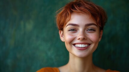 Joyful individual beaming in vibrant green setting, ample central area for text, ideal for promotional or inspirational content