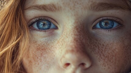 Fototapeta premium Close-up of woman's blue eyes and freckles. Perfect for natural beauty, unique features, or authentic portrait content.