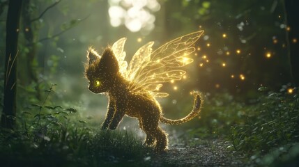 A magical creature with glowing fur and wings, wandering through a mystical forest