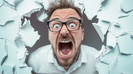 Man breaking through paper wall with world map. Ideal for breakthrough, global success, or achievement concepts.