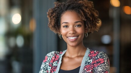 African American woman in floral print smiling. Ideal for professional diversity, workplace inclusion, or authentic portrait content.