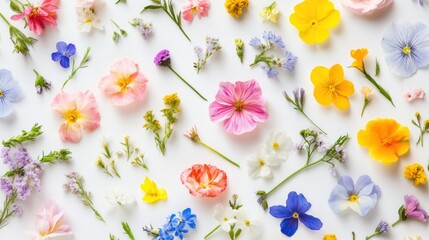Fototapeta premium Bright spring pattern with watercolor floral designs scattered across a pale background