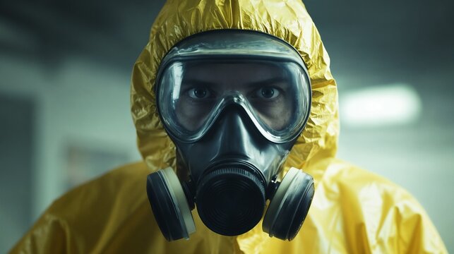 Person in hazmat suit and respirator. Ideal for safety protocols, hazard protection, or emergency response content.