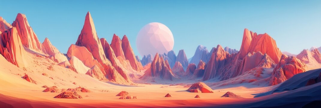 Futuristic Low Poly Alien Desert, unique rock formations, vibrant colors, otherworldly landscape, immersive atmosphere, imaginative scenery