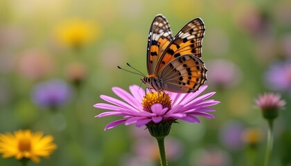 A stunning close-up shot of a beautiful butterfly perched delicately on a vibrant purple flower in a lush meadow of wildflowers, bathed in soft sunlight.
