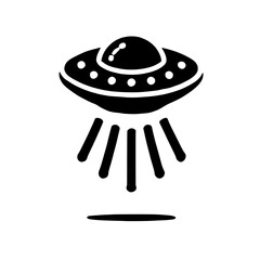 UFO Icon: A minimalist black and white illustration of a classic UFO silhouette with beams of light emanating from its underbelly, perfect for projects exploring the mysterious and the unknown. 