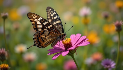Fototapeta premium A stunning close-up photograph of a beautiful butterfly delicately perched on a vibrant pink flower in a field of colorful blossoms.
