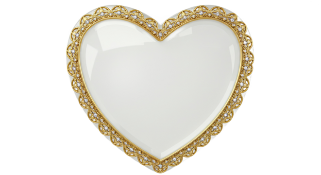 A heart-shaped frame made of frosted glass with a translucent effect. Decorate the edges with gold filigree patterns and tiny crystal embellishments.