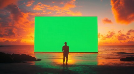 Vibrant green screen backdrop at a lively sunset beach reggae concert stage, capturing the essence of summer festivities