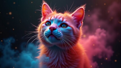 Fantastic shot of a cat with pink fur against a background of pink-blue clouds in space