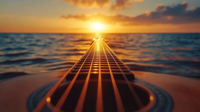 Guitar Strings at Sunset, close-up of shimmering strings with a vibrant ocean sunset, warm golden reflections, creating a serene melodic mood