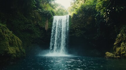 A majestic waterfall cascading into a serene pool, surrounded by lush greenery, capturing the beauty of nature.