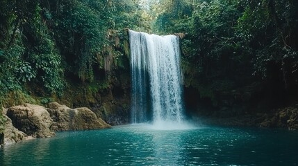 Naklejka premium A majestic waterfall cascading into a serene pool, surrounded by lush greenery, capturing the beauty of nature.