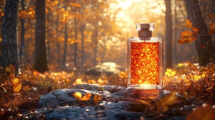 Autumnal perfume, forest backdrop, sunlight, ad campaign