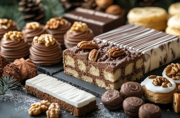 Fototapeta premium A Delectable Array of Assorted Pastries and Chocolates Featuring Rich Flavors and Elegant Presentation Ideal for Dessert Lovers and Celebrations