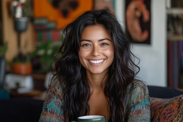 Happy Latin American woman having cup of coffee while working at home. Generative AI