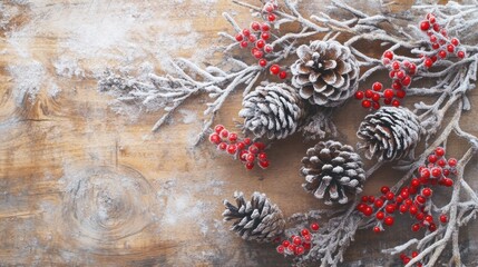 Fototapeta premium Christmas background featuring snowy pinecones and frosted red berries on a wooden table