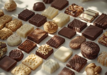 An Array of Gourmet Chocolates and Confectionery Delights Displayed Artfully on a Light Background for Sweet Treat Lovers and Culinary Enthusiasts