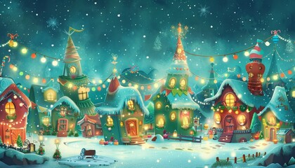 Fototapeta premium A festive, snowy village scene with decorated houses, twinkling lights, and a sled in the foreground.