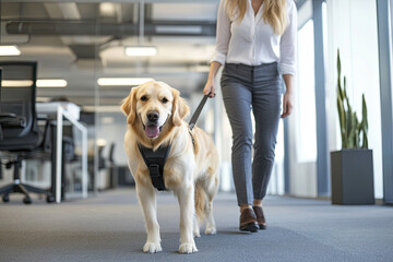 Professional woman with a visual impairment working with a guide dog at the office