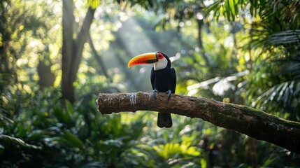 A colorful bird with a long beak is perched on a tree branch