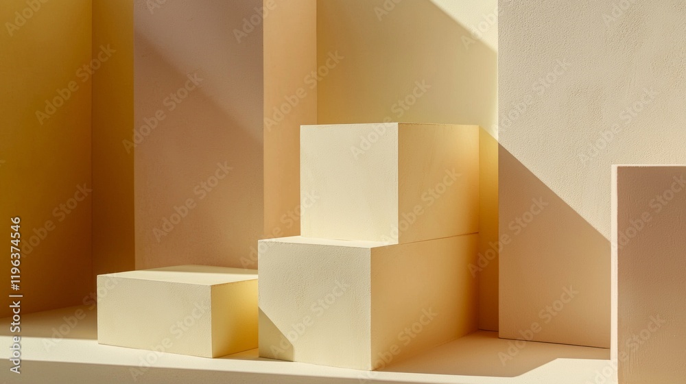 Aufkleber Soft pastel butter yellow blocks rise gently, casting intriguing shadows. Their geometric forms and minimalist design evoke a sense of calm and simplicity, inviting contemplation in a serene space