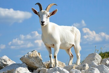 Obraz premium Goat with large horns standing on a pile of rocks