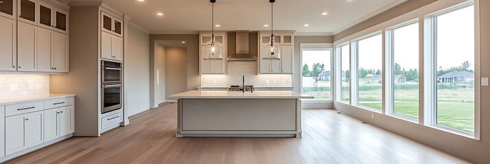 A clean contemporary kitchen layout with a focus on minimalism and natural light