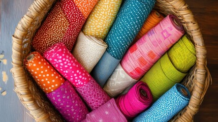 A top-down view of a woven basket containing bright, multicolored fabrics arranged in neat rolls