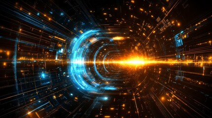 Fototapeta premium Futuristic Digital Tunnel Abstract Data Stream Glowing Lines and Bright Light