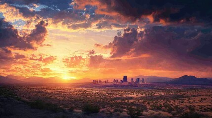 Fototapeta premium A tranquil desert scene under a dramatic sunset sky, with the faint silhouette of a bustling city skyline far away