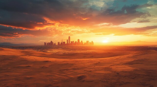 A tranquil desert scene under a dramatic sunset sky, with the faint silhouette of a bustling city skyline far away