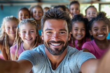 Obraz premium Happy PE teacher and school kids taking selfie during exercise class. Generative AI