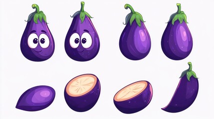 Cute Eggplant cartoon icon.Food vegetable.Whole eggplant and slices.Aubergine vegetarian food.Healthy food design.Isolated on white background.